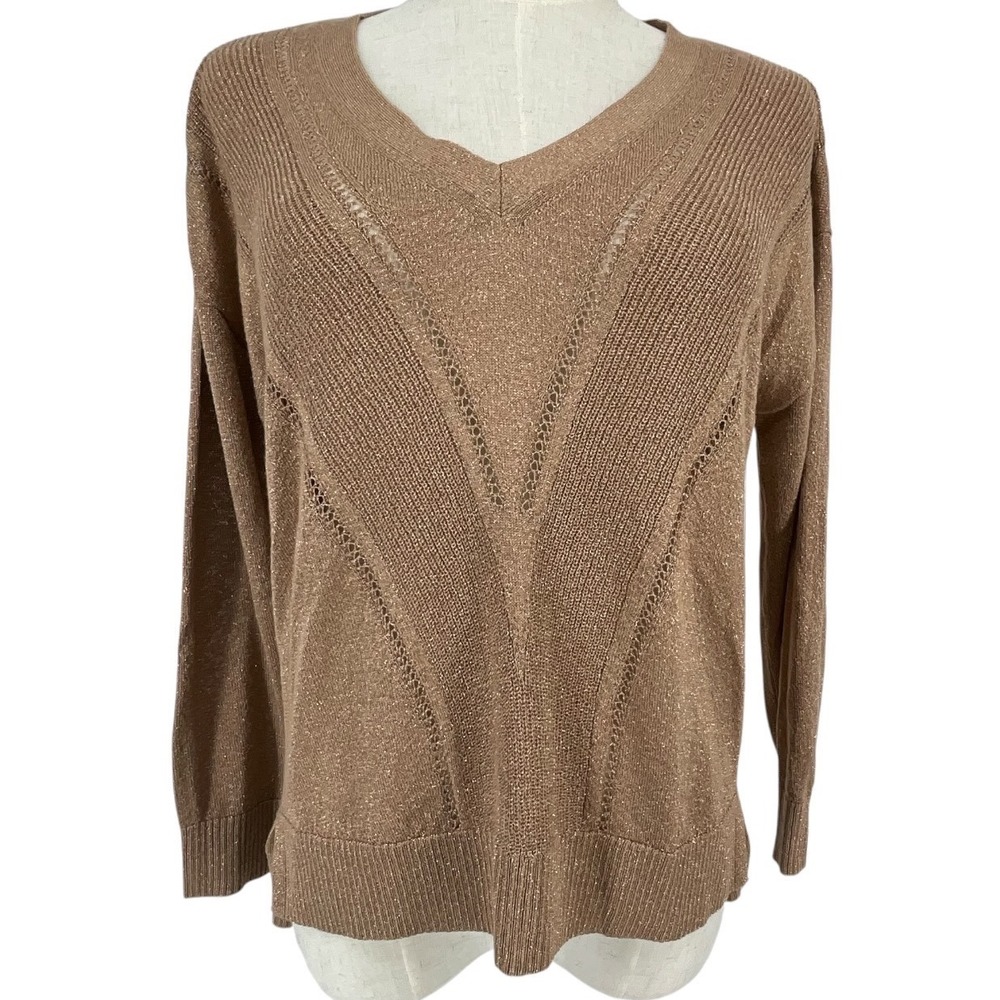 WHBM Outlet Bronze Metallic V-Neck Pointelle Chevron Sweater Womens Med Festive
